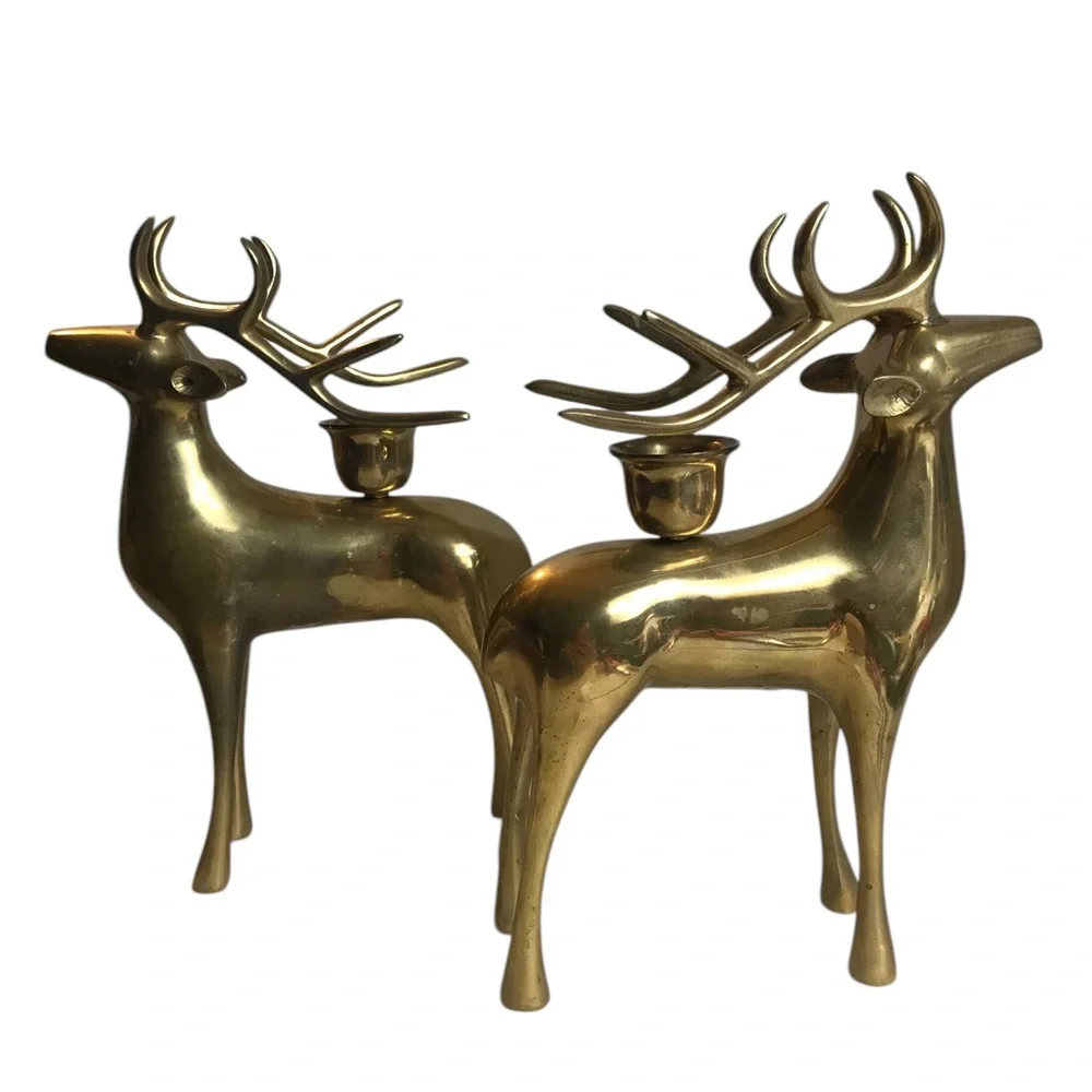 Pottery Barn Brass Reindeer Candle Holders 8” Vintage Christmas Taper Pair